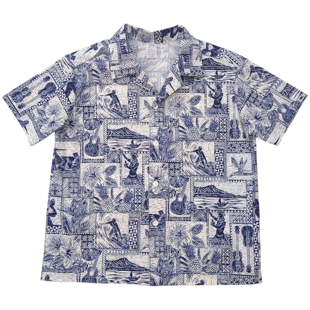 Vintage Made In Hawaii Hawaiian Shirt Womens 16 Boxy Camp Blue White Aloha 90s
